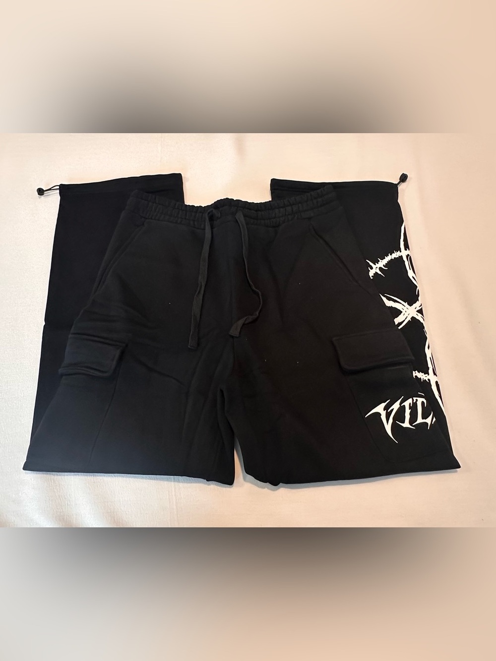 A Vile Life Black Cargo Sweatpants.  with Graphic Logo. Size Large